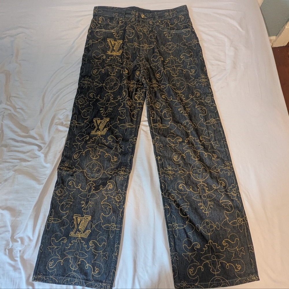Louis Vuitton Embroidered Monogram Pattern Denim Pants